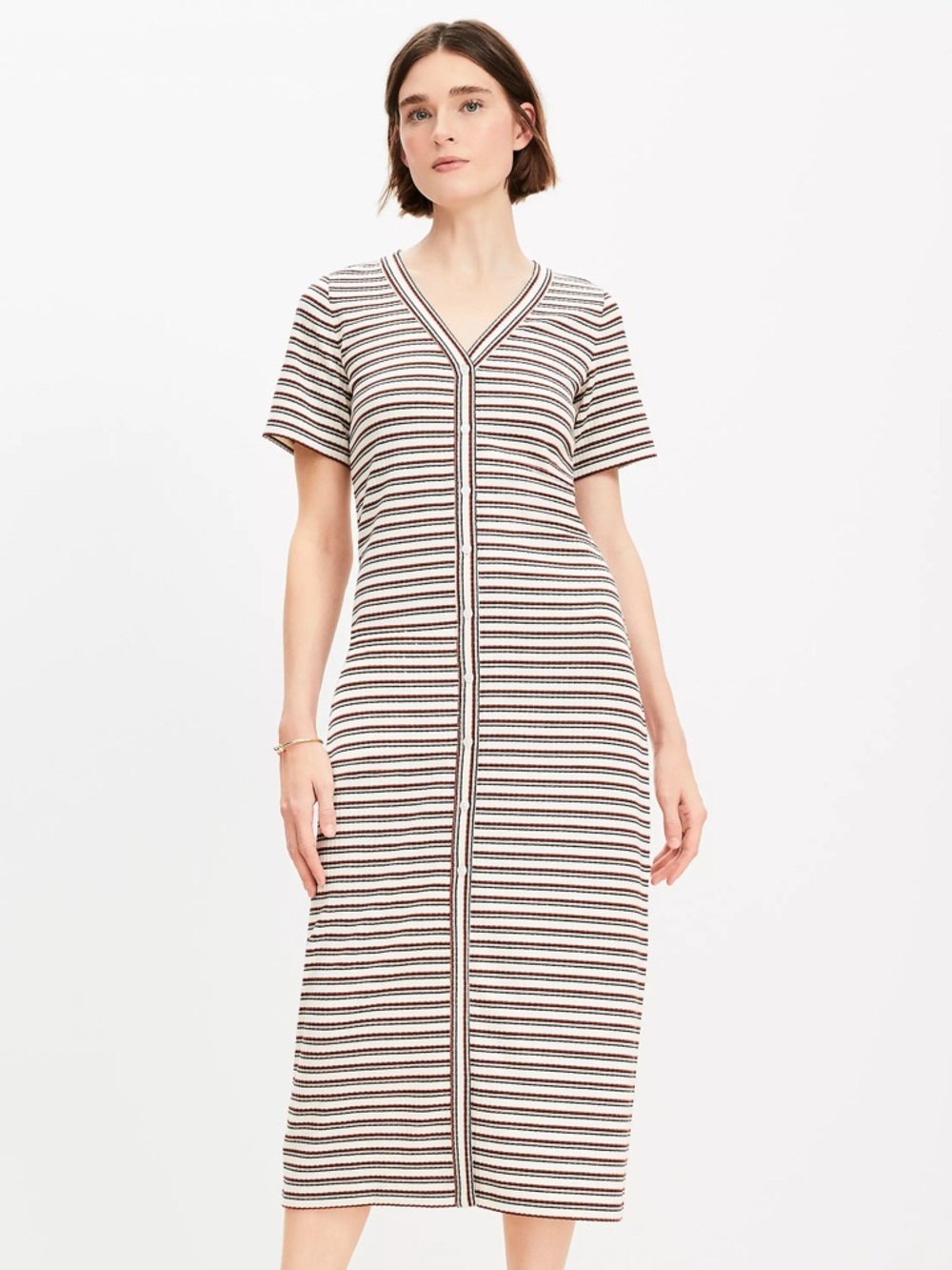 LOFT Cream and Black Striped V-Neck Midi Dress